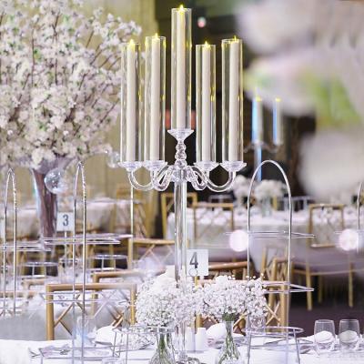 China Modern Luxury 5 Arm Wedding Tall Candelabra Centerpieces Hurricane Cheap Crystal Candle Holder Stands With Glass Shade for sale