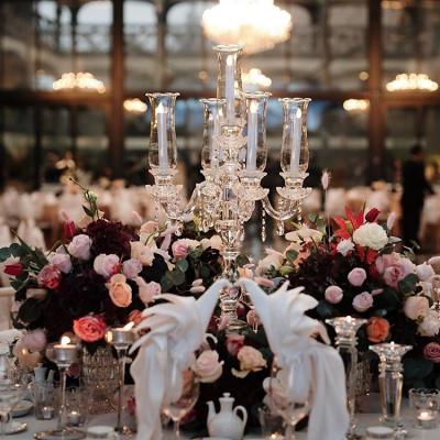 China Modern Wedding Table Centerpiece 5 Arms Ware Candelabra Crystal Candle Holders for sale