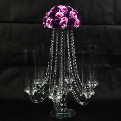 China Pujiang 6 a.m. decoration crystal candelabras cheap tall home glasscandle stand with flower platinum stand centerpieces for wedding table decoration for sale