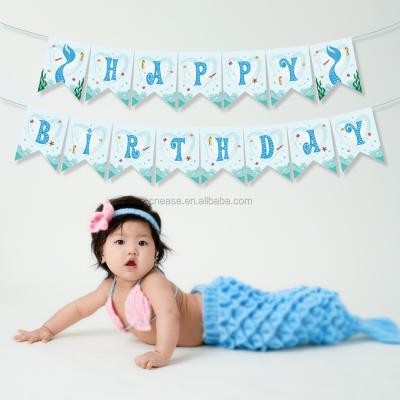 China Blue Mermaid Tail Happy Birthday Paper Banner HUANCAI Kids Mermaid Theme Party Adult Birthday Party Decorations Banner for sale