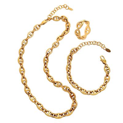 China Environmental Friendly Milliedition Hip Hop Chain Ring Necklace Bracelet 18k Gold Plated Stainless Steel Jewelry Sets for sale