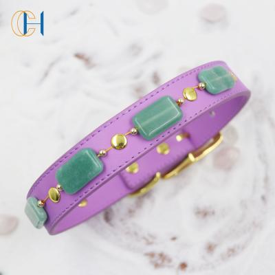 China Personalized Shiny Natural JEWELED Pet Gemstone Leather Teddy Dog Collar Diamond Puppy Collar for sale