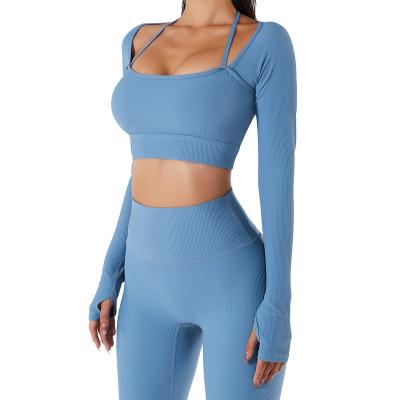 China Spring 2022 New Long Sleeve Yoga Wear Women Breathable Ribbed Gym Clothes New Arrival for sale