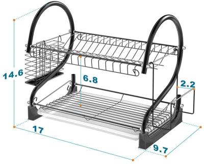 China Sustainable Dish Drainer Rack For Kitchen Counter Top Kitchen Metal Iron 2 Tier Dish Rack With Utensil Holder Cup for sale