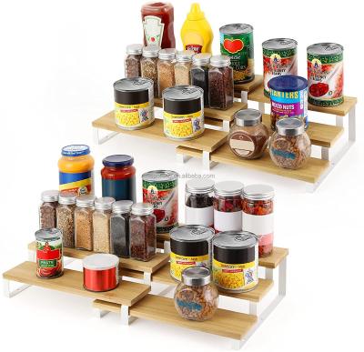 China 3-Layer Carousel Kitchen Spice Rack Adjustable Spice Jar Organizer Freshness Keeping Bamboo Wood Rotating Storage Box With Glass Bottle for sale