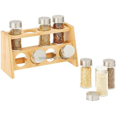 China Freshness Keeping Spice Jar Organizer Carousel Kitchen Spice Rack Bamboo Wooden Rotating Storage Box With Glass Bottle for sale