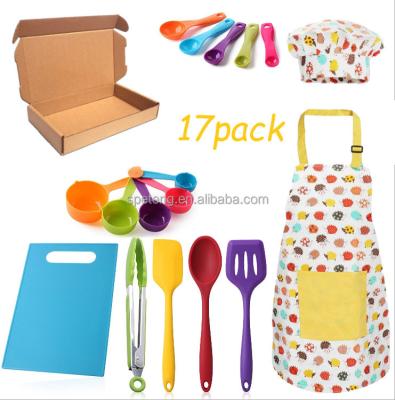 China Amazon 17 pcs disposable set cooking tools for kids kitchen tools, play house toys, cooking set measuring cup, apron, for sale