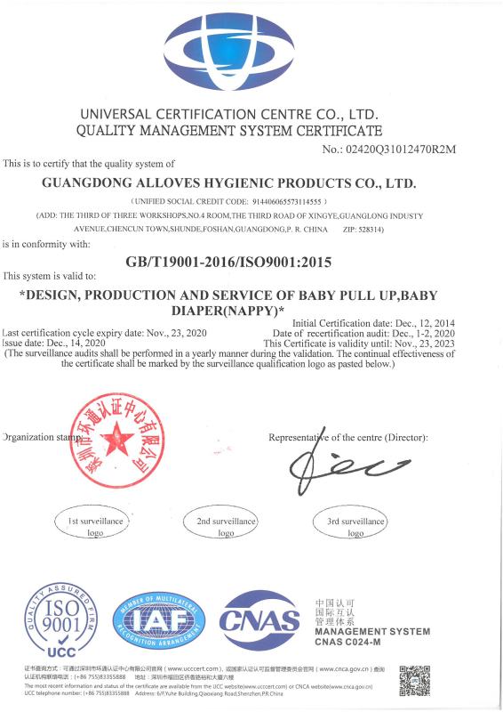 ISO9001 - Guangdong Alloves Hygienic Products Co., Ltd.