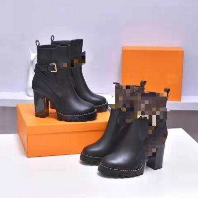 China Microfiber Dalesell Style British Light Luxury High Heel Women's Short Boots Deep Heel Classic Leather Buckle Women's Shoes for sale