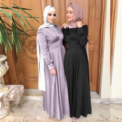 China 2021 New Modest Dubai Turkey Breathable Muslim Women High Waist Abaya Dress Party Long Sleeve Tight Elegant Silk Satin Dress for sale