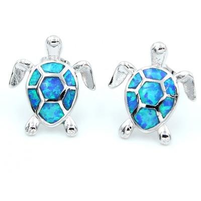 China Cute S925 Sterling Silver Summer Beach Jewelry Ocean Blue Green Opal Sea Turtle Stud Earrings for sale