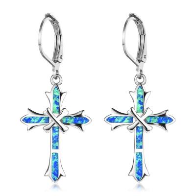 China Religious Newcomer Jewelry Christian Cross Fire Opal Drop Earrings For Lady for sale