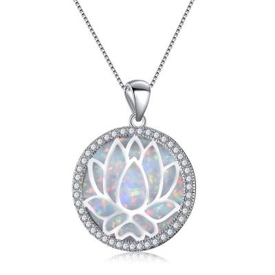 China S925 Sterling Silver Buddhism Religious Jewelry / White Lotus Flower Fire Opal Pendant Religious Blue Necklace for sale