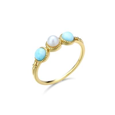 China OEM ODM 925 Sterling Silver Larimar With Pearl Genuine Natural Gemstone Ring for sale