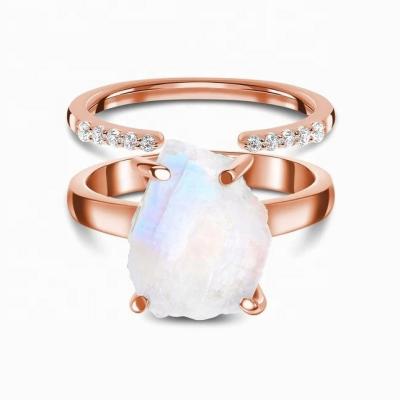 China Irregular Personality Jewelry 925 Sterling Silver Natural Gemstone Moonstone Ring Set Rose Gold Plated for sale