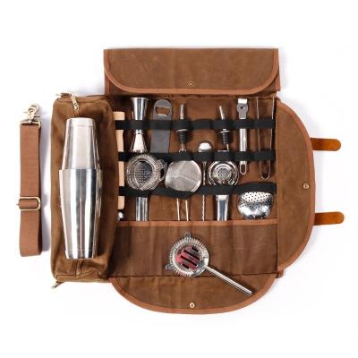 China CHANGRONG Brown Durable Custom Foldable Waxed Canvas Bar Kit Professional Travel Making Bartender Tool Bag for sale