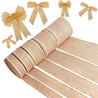 China Pattern SOLID COLOR Natural Jute Fabric Ribbon Wired Burlap Ribbon Roll for DIY Decoration for sale