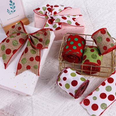 China 63mm Draadrand Burlap Ribbon Polk Dot Kerst Decoratie Ideaal voor feestelijke decoratie Te koop