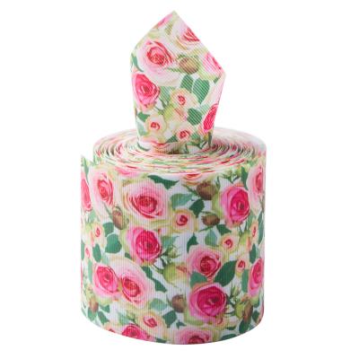 China Thermal Transfer Print 3 Inch Grosgrain Ribbon By The Yard Single Face Rose Pattern for sale