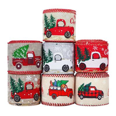 China 2.5 inch Vintage Rode Truck Kerst Draadloze Rand Ribbons voor Stof Kerst Verpakking Te koop