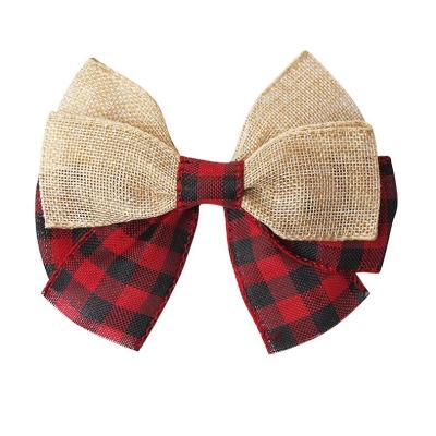 China 16cm*13cm Christmas Burlap Plaid Ribbon Bow Handmade Red and Black Jute Ribbon Bow for sale