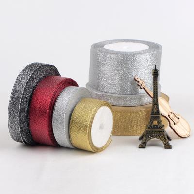 China Fabric Type Satin Ribbons in Silver and Gold Glitter Metallic Perfect for Crafting for sale