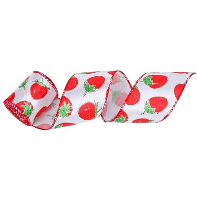 China 2 1/2‘’ Strawberry Satin Wired Printed Ribbon for Wrapping and Hair Bows for sale