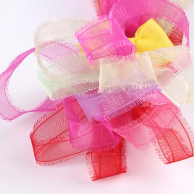 China Double Sided 16mm Width Designer Korean Sari Silk Organza Chiffon Fringe Tassel Ribbon for sale