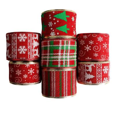 China Custom Christmas Ribbon Wire Edged Burlap Ribbon 50mm Print Customers'requirements for sale