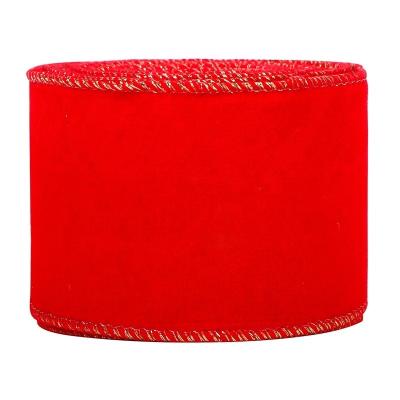 China 2.5 Inch Red Velvet Wired Ribbon with Metallic Gold Edges Crafters' Favorite for sale