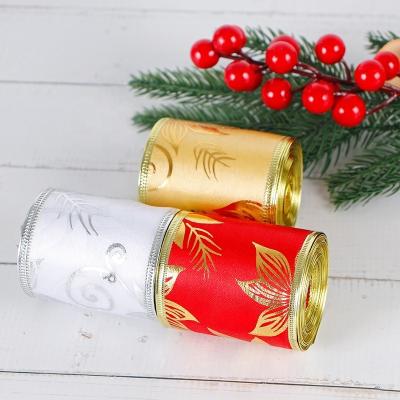 China High Tenacity Golden Wire Edge Satin Ribbon With Gold Christmas Design Gift Decoration for sale