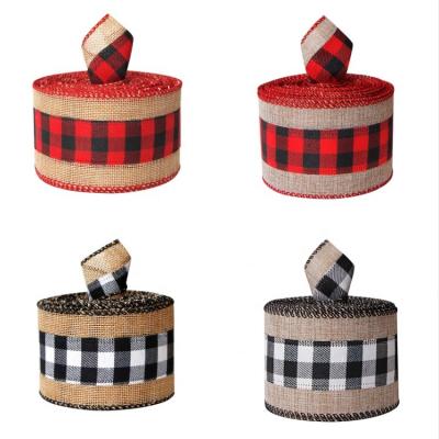 China Christmas Occasion 63mm Wired Edge Checked Burlap Ribbon Perfect for Wrapping Gifts for sale