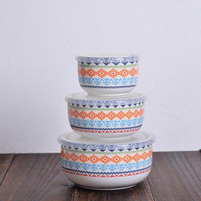 China Promotional Printed Airtight Ceramic Food Storage Fresh Seal Bowl Set Of 3 Viable With Silicone Lid House Hand Made for sale