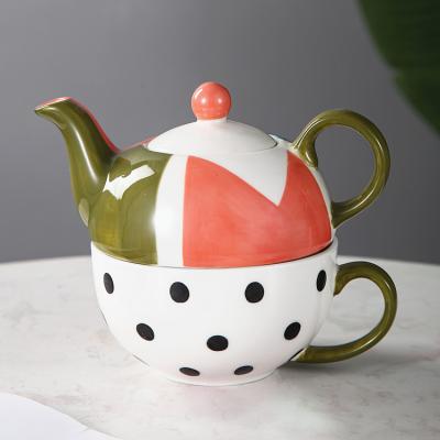 China Stackable Ceramic Teapot Used Simple Hand Painted Custom Stocked Coffee Tea Set With Polka Dot Cup Tea For One Set for sale