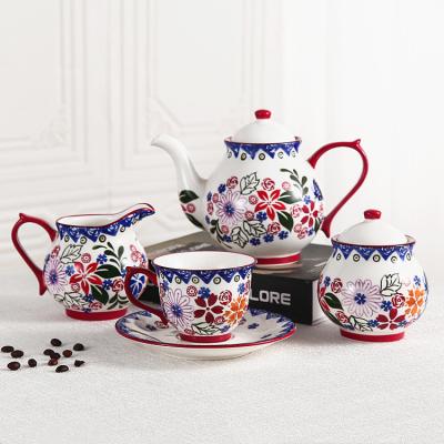 China High Quality Stocked Porcelain Sugar Pot Milk Jug Tea Cups and Saucers Sets British Floral Ceramic Coffee Tea Set with Teapot for sale