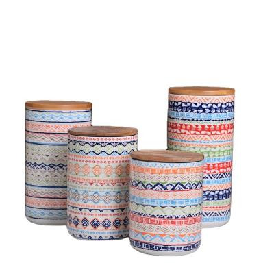 China Multifunctional Ceramic Steamable Kitchen Accessories Wholesale Container with Bamboo Lid Storage Bohemian Jars for Coffee Sugar Spice Tea for sale