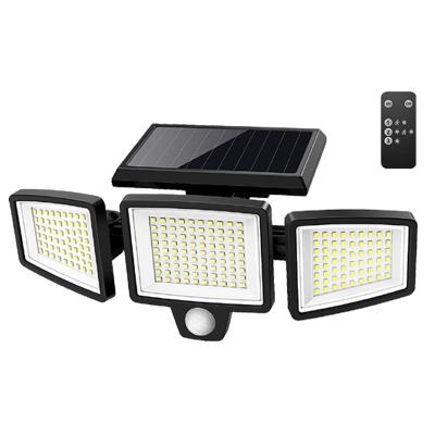 China Warehouse 210 LEDs 3 Head Motion Sensor Solar LED Light Outdoor 3 Modes IP65 Waterproof Solar Garden Wall Lamp Solar Flood Lights for sale