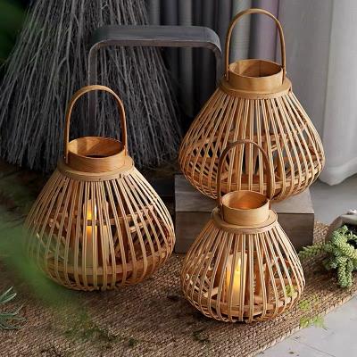 China Hollow Home Candlestick Decoration Bamboo Wooden Lantern Hand - Woven Candle Holders Crafts for sale