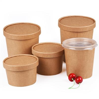 China Brown Packet Soup Bucket Fast Food Dessert Bowl Biodegradable Disposable Round Oatmeal Paper Cup Takeout Paper Cup for sale