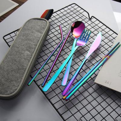 China Viable Portable Juice Straw Chopsticks Stainless Steel Tableware Steak Knife Fork Spoon Flatware Seven Sets for sale