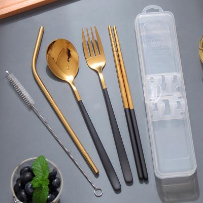 China Viable Japanese Portable Tableware 304 Stainless Steel Straw Fork Spoon Chopsticks 5 Piece Set for sale