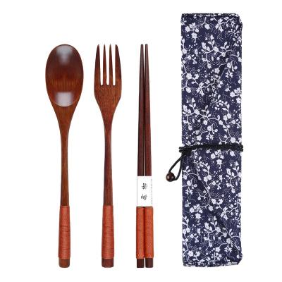 China Durable Long Handle Solid Wood Wrapped Portable Wooden Fork Chopsticks Wire Spoon Three Piece Set With Cloth Bag for sale