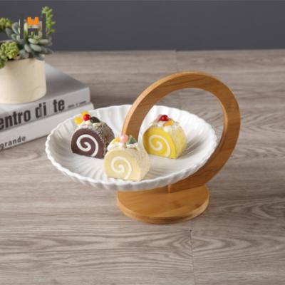 China Sustainable Ceramic Serving Dish With Wooden Stand Cake Stand Dessert Dish for sale