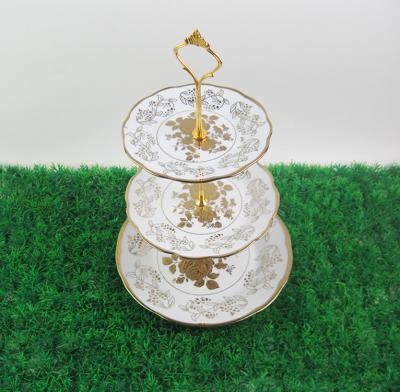 China Viable 3 Tier Cake Stand Ceramic Cupcake Stand With Gold Plated Wedding Gold Cake Stand To Show Cake for sale