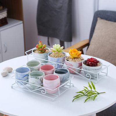 China Eco-friendly High Quality Simple Mini Ceramic Marble Pot with Metal Stand for Succulent Plant for sale