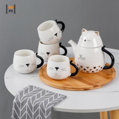 China Viable Cute Ceramic Cat Tea Set 6pcs Porcelain Coffee Tea Set Teapot And Cup Set for sale