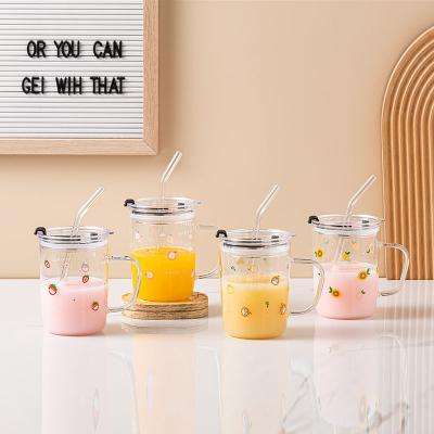 China High Quality Eco-friendly Heat Resistant Glass Coffee Mug With Lid And Straws Milk Juice Water Mug for sale