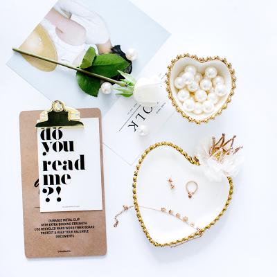 China Simple High Quality Eco-friendly Trinket Ceramic Dish With Gold Rim Heart Shape Jewelry Dish Dessert Dish for sale