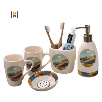 China Sustainable Simple Style Porcelain Bathroom Set 5 Piece Ceramic Bathroom Accessory Set for sale