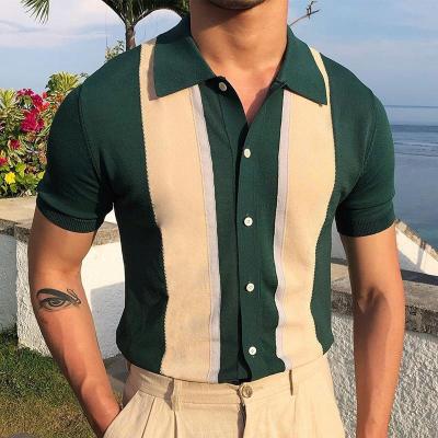 China New men's straight cardigan breathable color T-shirt contrast lapel knitted short-sleeved polo shirt for sale